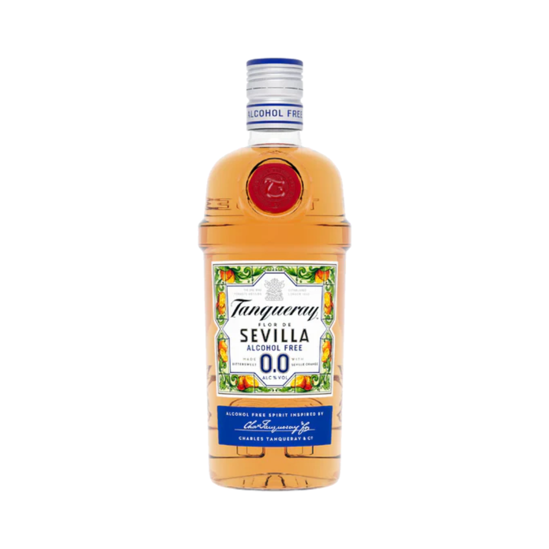 Tanqueray Flor de Sevilla 0.0 Alcohol Free Spirit – premium non-alcoholic gin alternative with bold citrus and bittersweet Seville orange flavors, in a 700ml bottle with vibrant orange and green label.