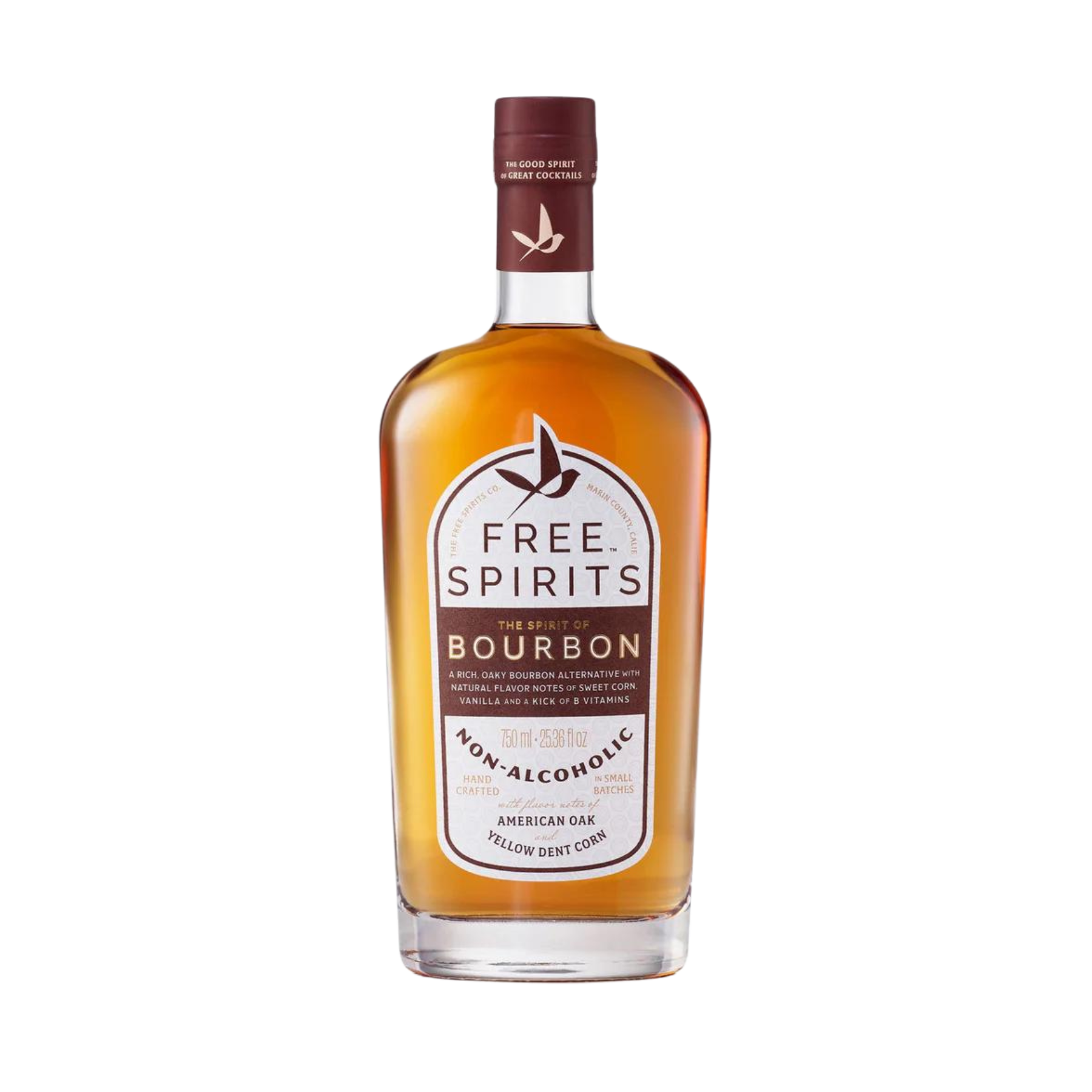 a bottle of free spirits bourbon on white background. Label reads American oak, yellow dent corn. Logo is a contemporary drawing of a swallow flying free