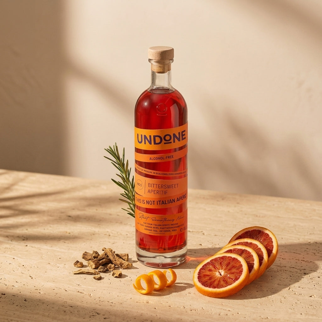 A bottle of UNDONE Sitteswinkelt Appetit liqueur with red liquid, styled on a stone surface with sliced blood oranges, a rosemary sprig, and spices under warm, directional sunlight.