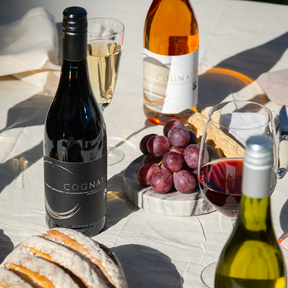 A sophisticated table setting featuring Cognato non-alcoholic wines. A bottle of red wine with a dark label sits beside a glass of red wine, a bottle of rosé wine, a cluster of red grapes, and a cheese plate with crackers. In the foreground, slices of artisan bread are visible. Sunlight creates subtle reflections on the table, highlighting the casual yet elegant outdoor dining scene.