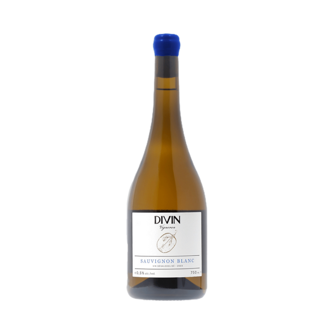 Bottle of DIVIN Vigneron non-alcoholic Sauvignon Blanc white wine with blue wax seal and minimalist white label, displayed on a white background.