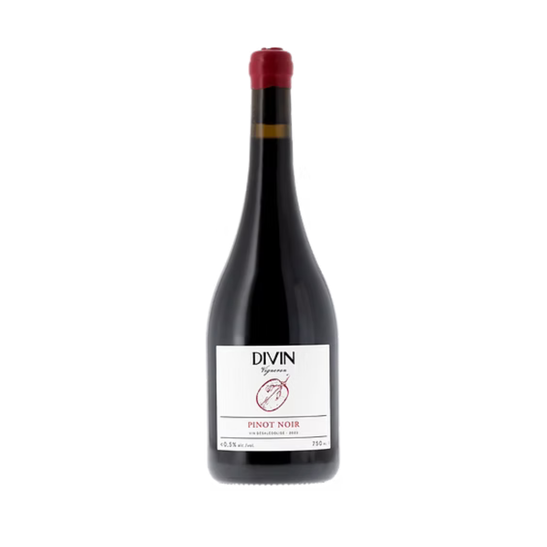 Bottle of DIVIN Pinot Noir non-alcoholic red wine wine with red wax seal and minimalist white label, displayed on a white background.