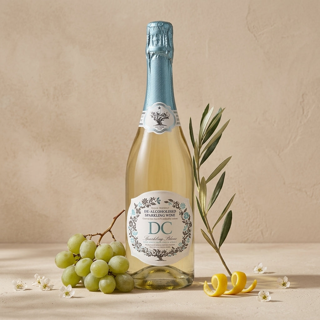 Bottle of Dr. C's non-alcoholic sparkling wine with grapes and lemon on a beige background