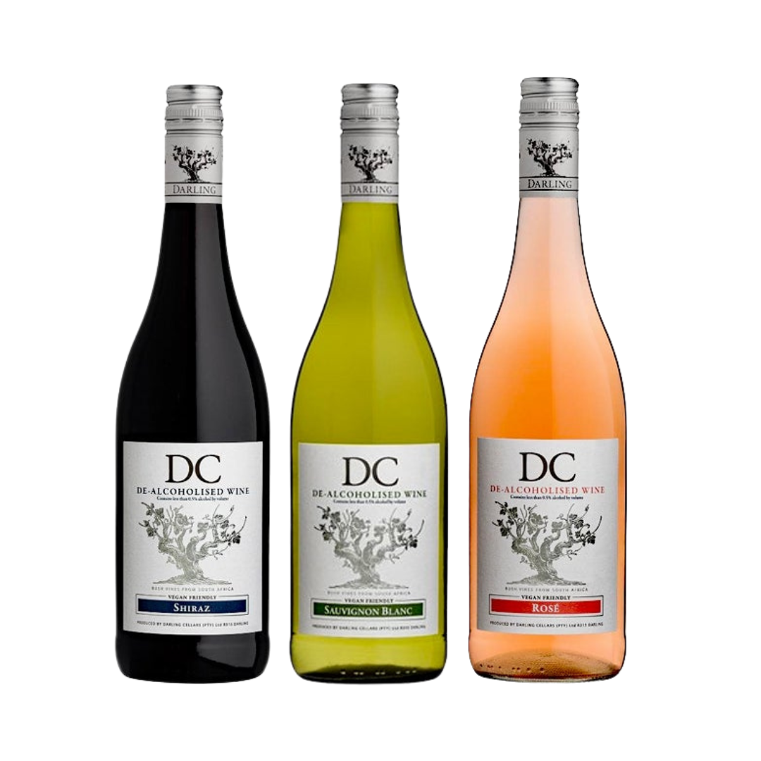 Three bottles of deAlcoholised Wine with different colors and labels on a white background