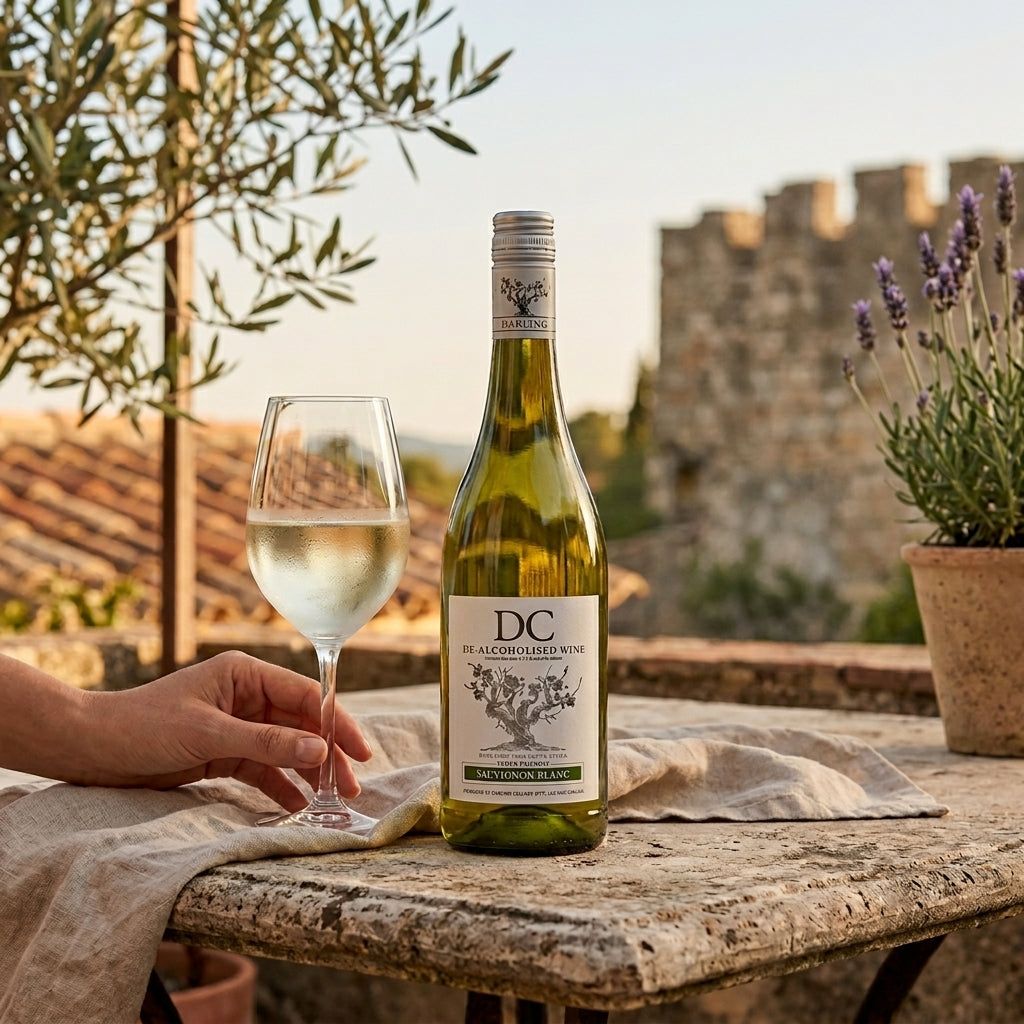 Bottle of DC white wine with a glass on a table outdoors, with a castle in the background.