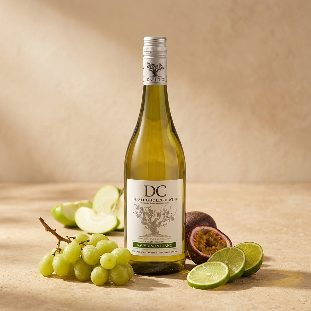 Bottle of DC non-alcoholic wine with fruits on a beige background