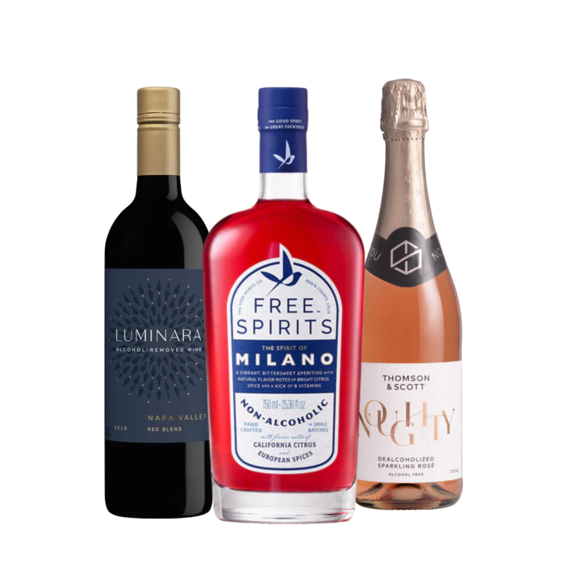 Luminara Napa Valley Red Blend, Free Spirits The Spirit of Milano, and Thomson & Scott Noughty Sparkling Rosé bottles. Premium non-alcoholic wine, aperitif, and sparkling wine options displayed for sophisticated alcohol-free enjoyment.