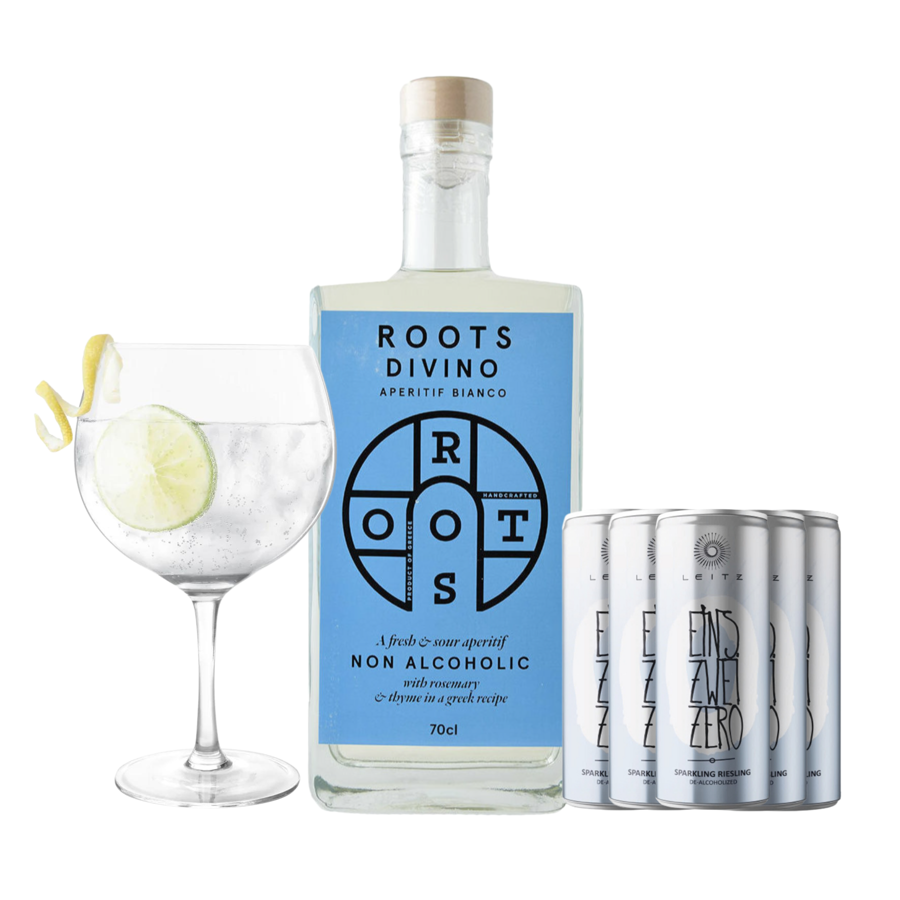 A sophisticated non-alcoholic spritz bundle featuring a bottle of Roots Divino Aperitif Bianco, a Greek white vermouth with botanical notes, alongside five cans of Leitz Eins-Zwei-Zero Non-Alcoholic Sparkling Riesling from Germany. A large, elegant balloon glass filled with ice, a lime slice, and a lemon twist is also included, highlighting the refreshing spritz experience