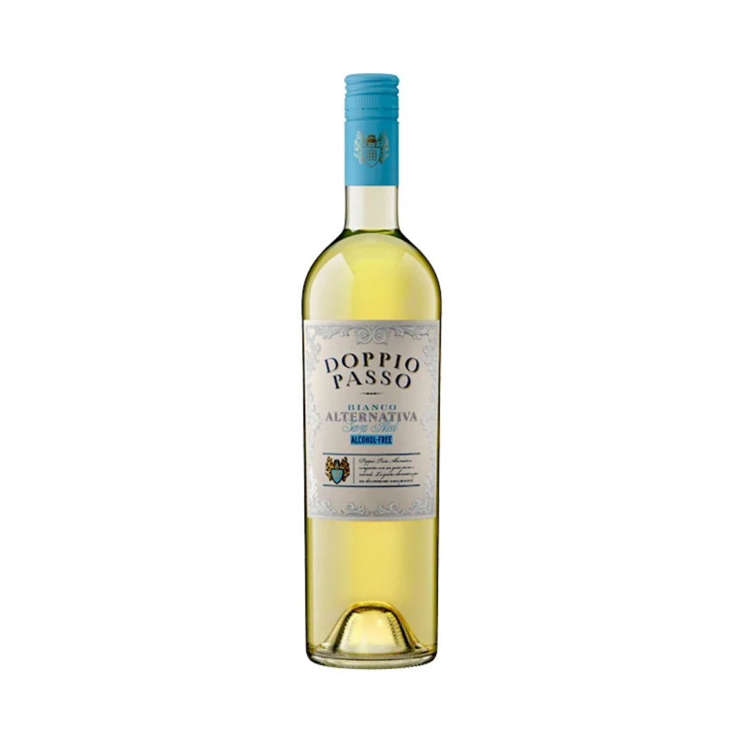 Bottle of Doppio Passo white wine on a white background.  Showcasing a blue cap with a traditonal old world italian label.