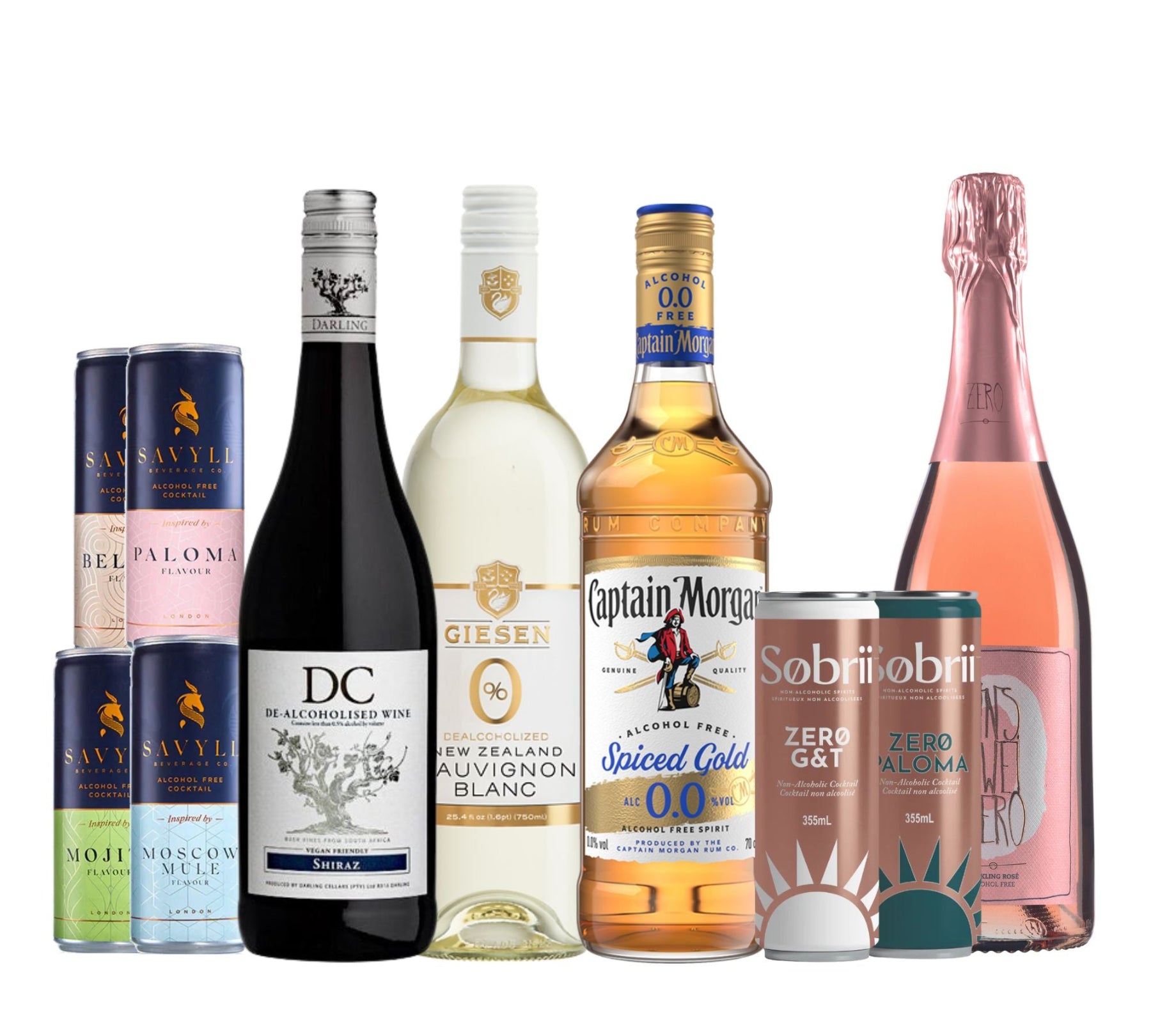 Collection of various alcohol bottles on a white background with Captain Morgan 0.0 Spiced Gold