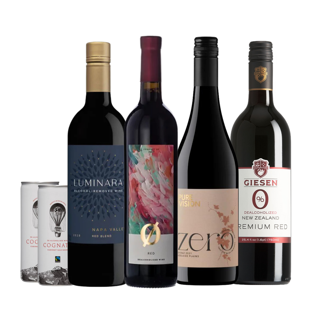 The image shows a variety of non-alcoholic red wines and wine-based beverages. There are four standard-sized bottles and two cans featured. The brands visible include:
Luminara Alcohol Removed Napa Valley Red Blend, Colibri Ø Red, featuring an artistic and modern label design. Pure Vision Zero Shiraz - with an eco-conscious vibe in its branding.
Giesen 0% Dealcoholized New Zealand Premium Red. Cognato Cab Sauv in cans