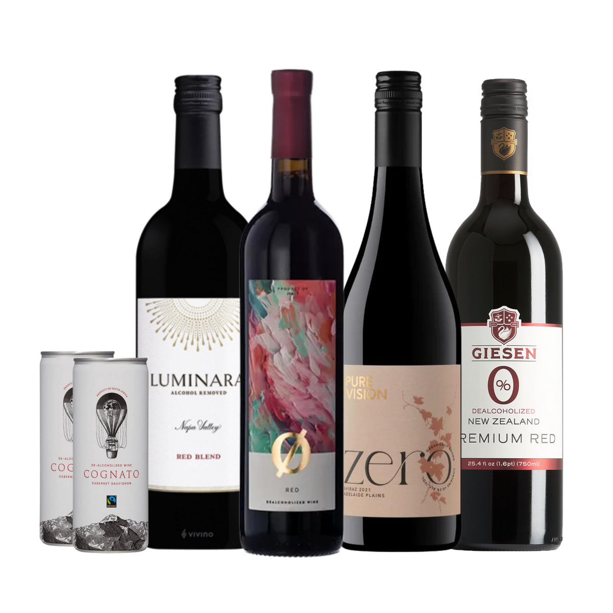 The image shows a variety of non-alcoholic red wines and wine-based beverages. There are four standard-sized bottles and two cans featured. The brands visible include:
Luminara Alcohol Removed Napa Valley Red Blend, Colibri Ø Red, featuring an artistic and modern label design. Pure Vision Zero Shiraz - with an eco-conscious vibe in its branding.
Giesen 0% Dealcoholized New Zealand Premium Red. Cognato Cab Sauv in cans