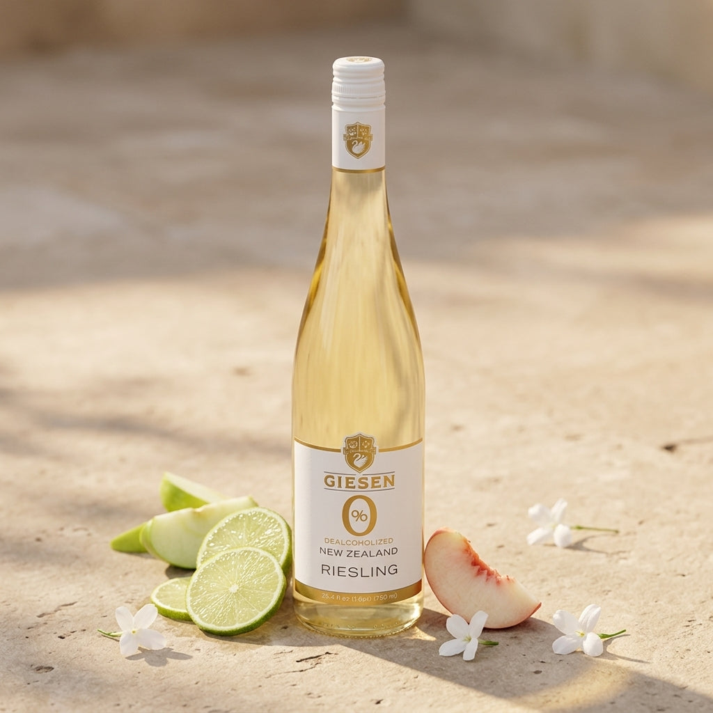 Bottle of Giesen New Zealand Riesling wine on a sandy surface with lime and peach slices.