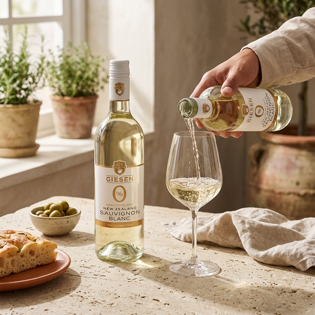 Person pouring Giesen New Zealand Sauvignon Blanc into a glass on a table with bread and olives.
