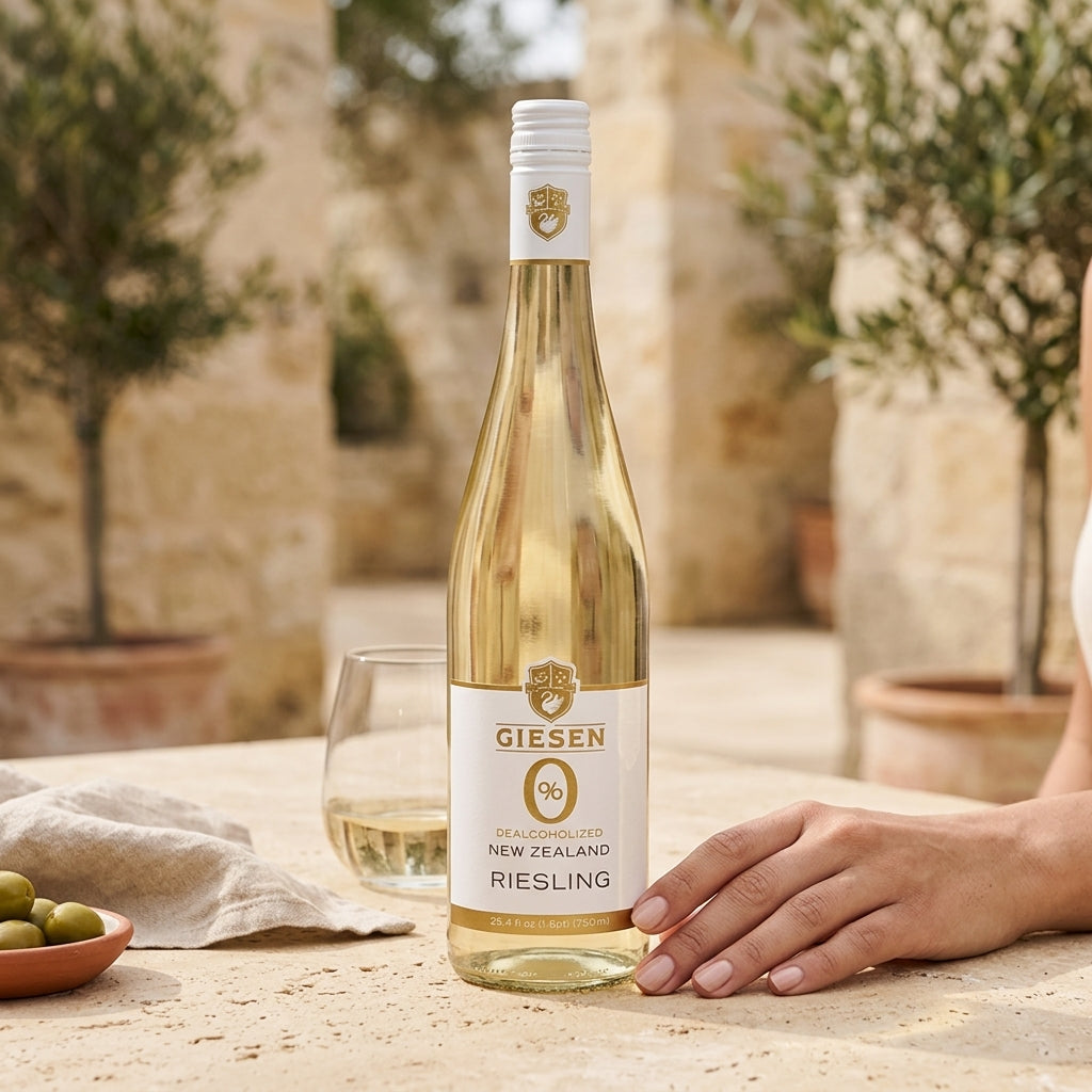 Bottle of Giesen Riesling wine on a table with a glass and olives, outdoor setting.