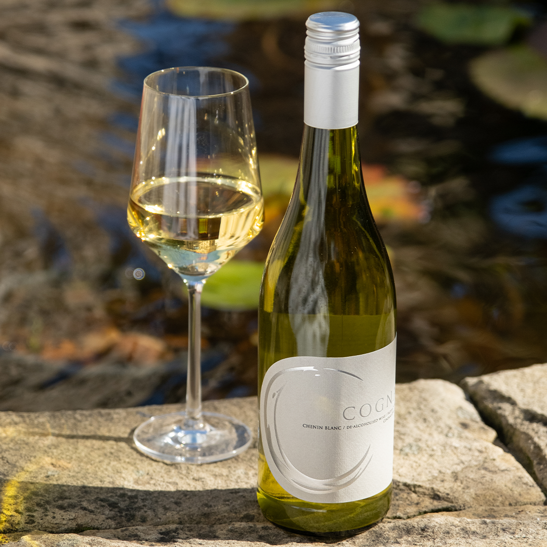 A bottle of Cognato non-alcoholic Chenin Blanc with a silver label sits on a stone ledge beside a filled wine glass. The background shows a blurred pond with lily pads, creating a serene outdoor setting.