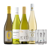 a collection of 4 non-alcoholic white wines in bottles and 3 cans