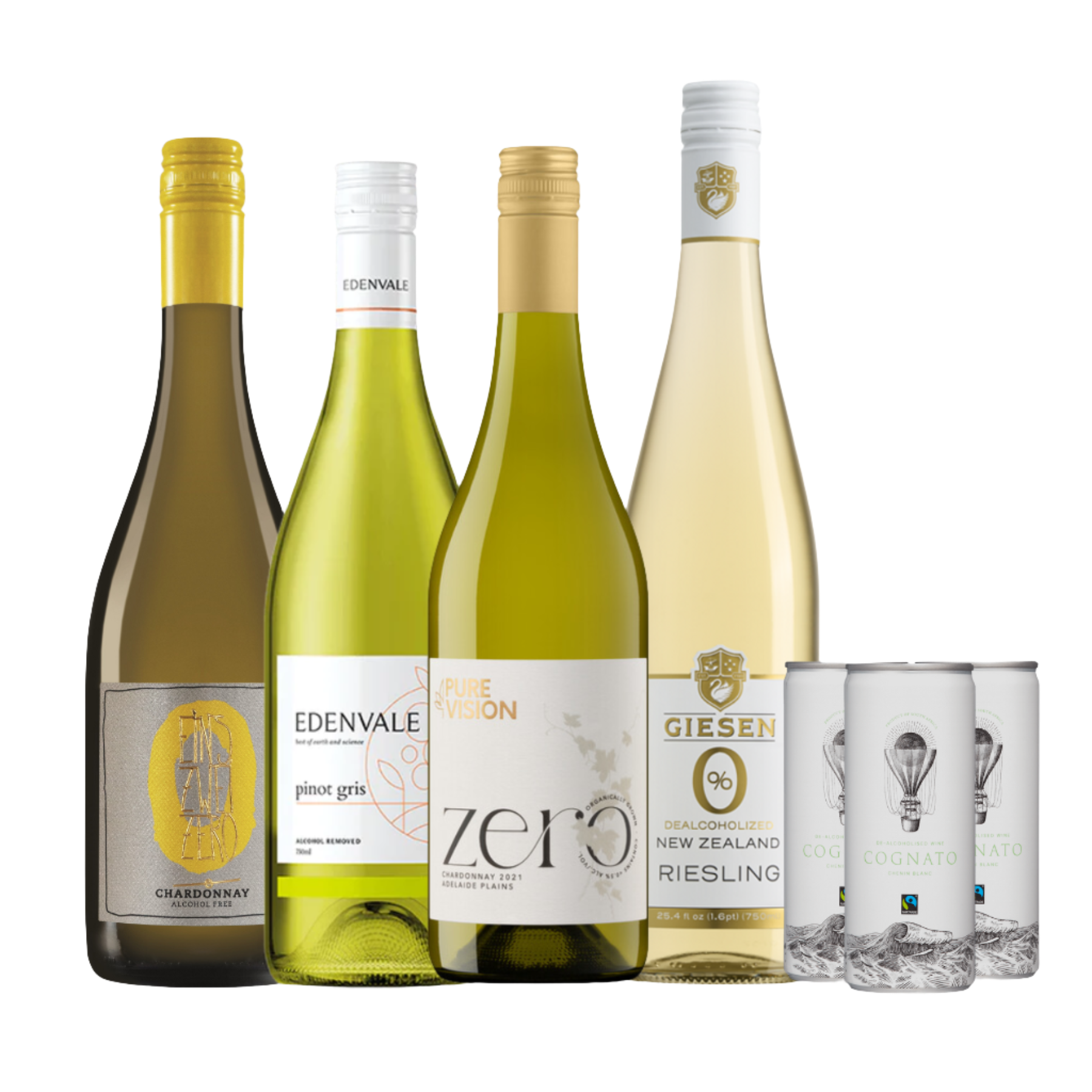 a collection of 4 non-alcoholic white wines in bottles and 3 cans