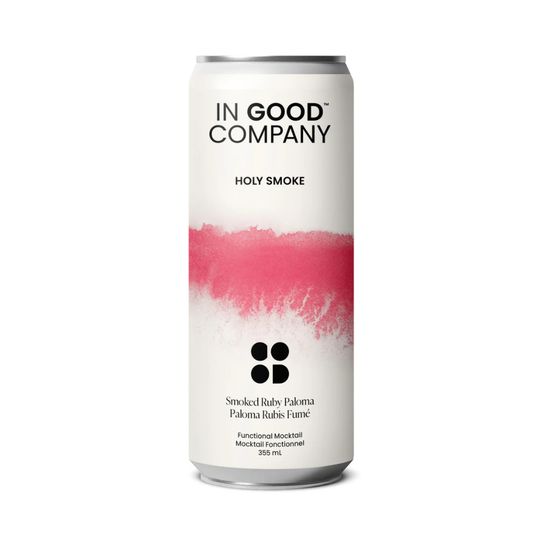Can of HOLY SMOKE Smoked Ruby Paloma — functional mocktail with smoky grapefruit flavour, adaptogens, and green coffee bean caffeine.