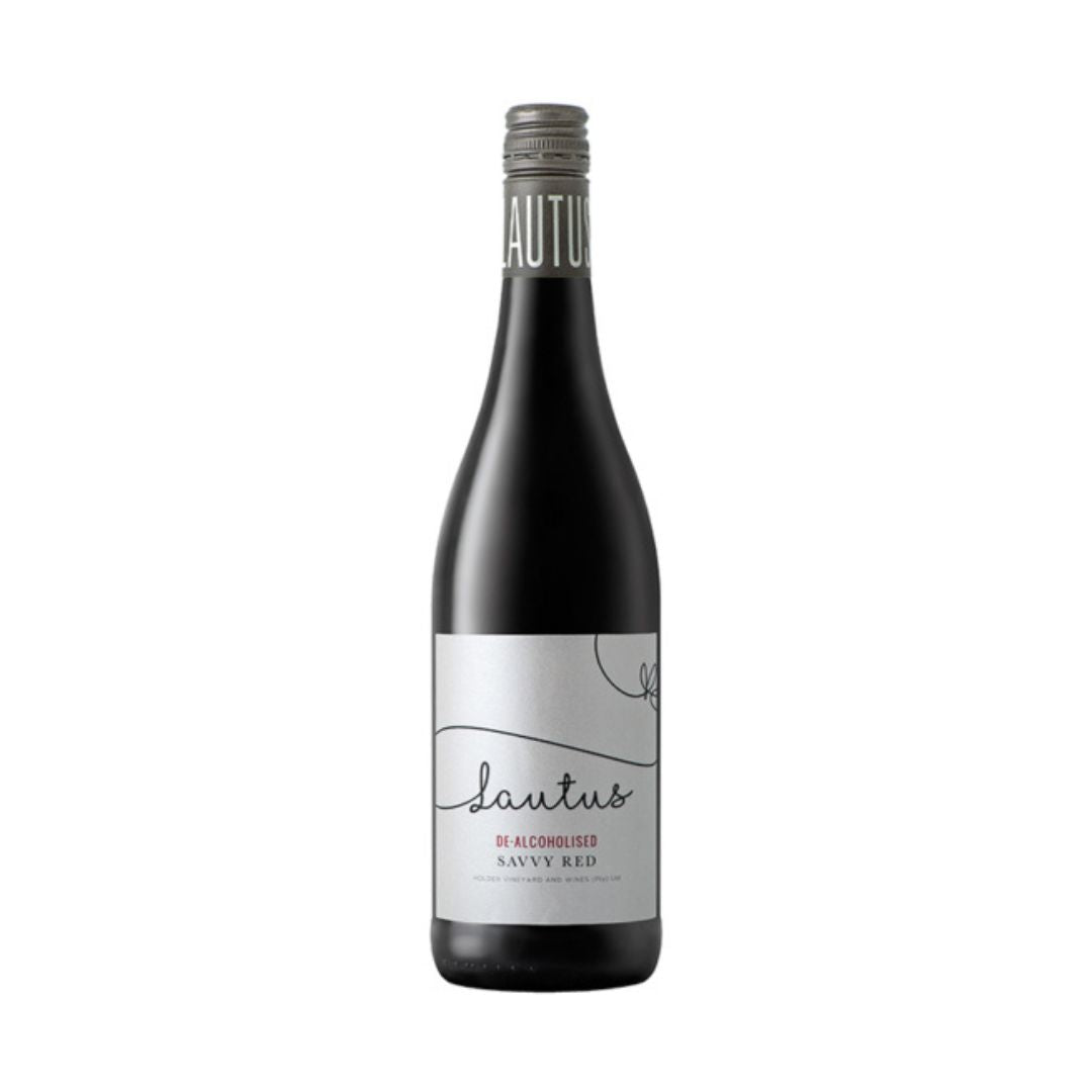A bottle of Lautus Savvy Red dealcoholized wine with a label showing the brand and variety of the wine.