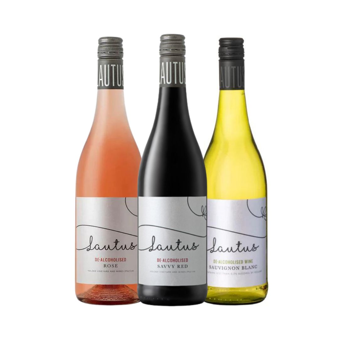 Three bottles of Lautus wine, from left to right: white wine, red wine, and rosé wine, all with a label indicating they are 0% alcohol removed.