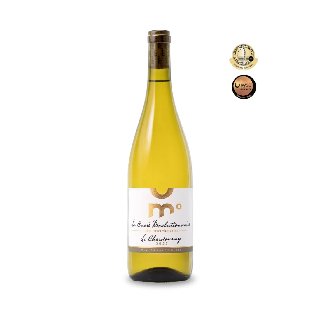 White wine bottle with a label on a white background