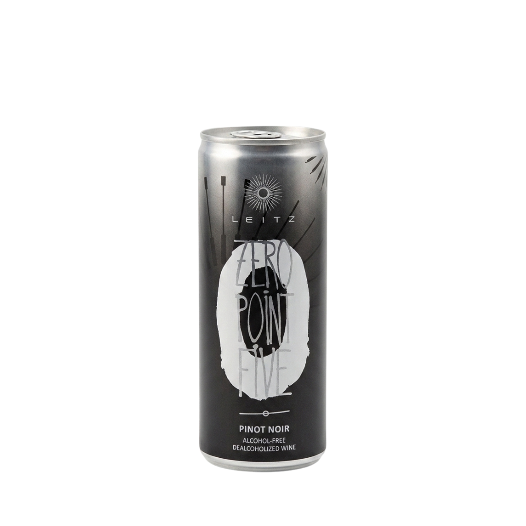 Silver, black and white can of Leitz Zero Point Five Pinot Noir alcohol-free wine on a white background