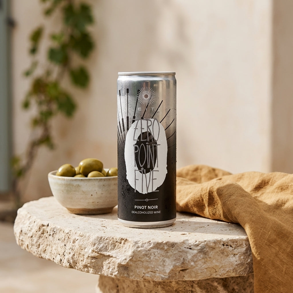 Can of Leitz Zero Point Five Dealcoholized Pinot Noir on a stone surface with a bowl of olives and a cloth in the background.