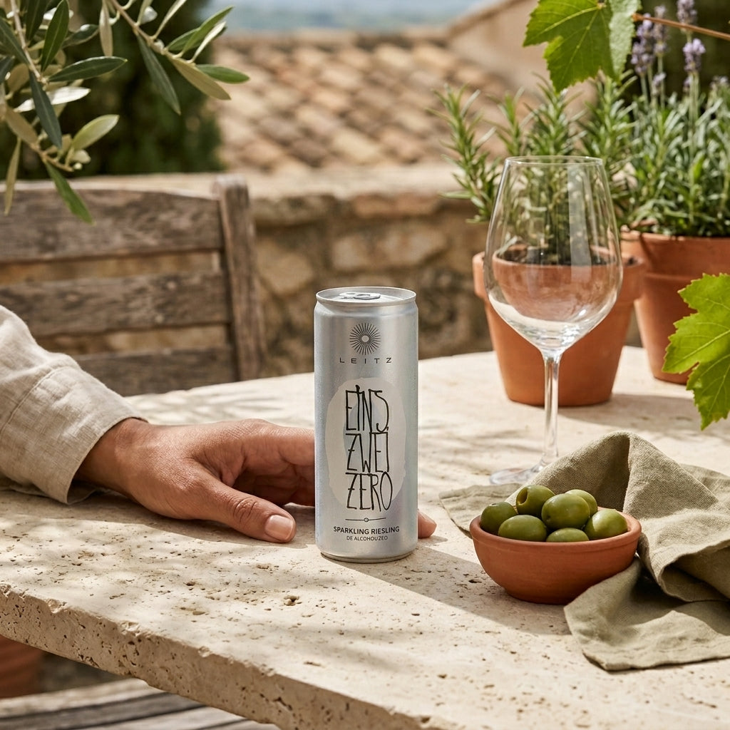 Leitz can on a table with a glass and bowl of olives, outdoor setting