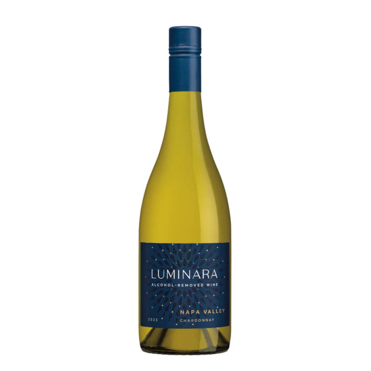 Luminara Napa Valley Chardonnay Alcohol-Removed Wine bottle with a navy and gold label, featuring a modern design and gold screw cap, showcasing a premium non-alcoholic wine from Napa Valley.