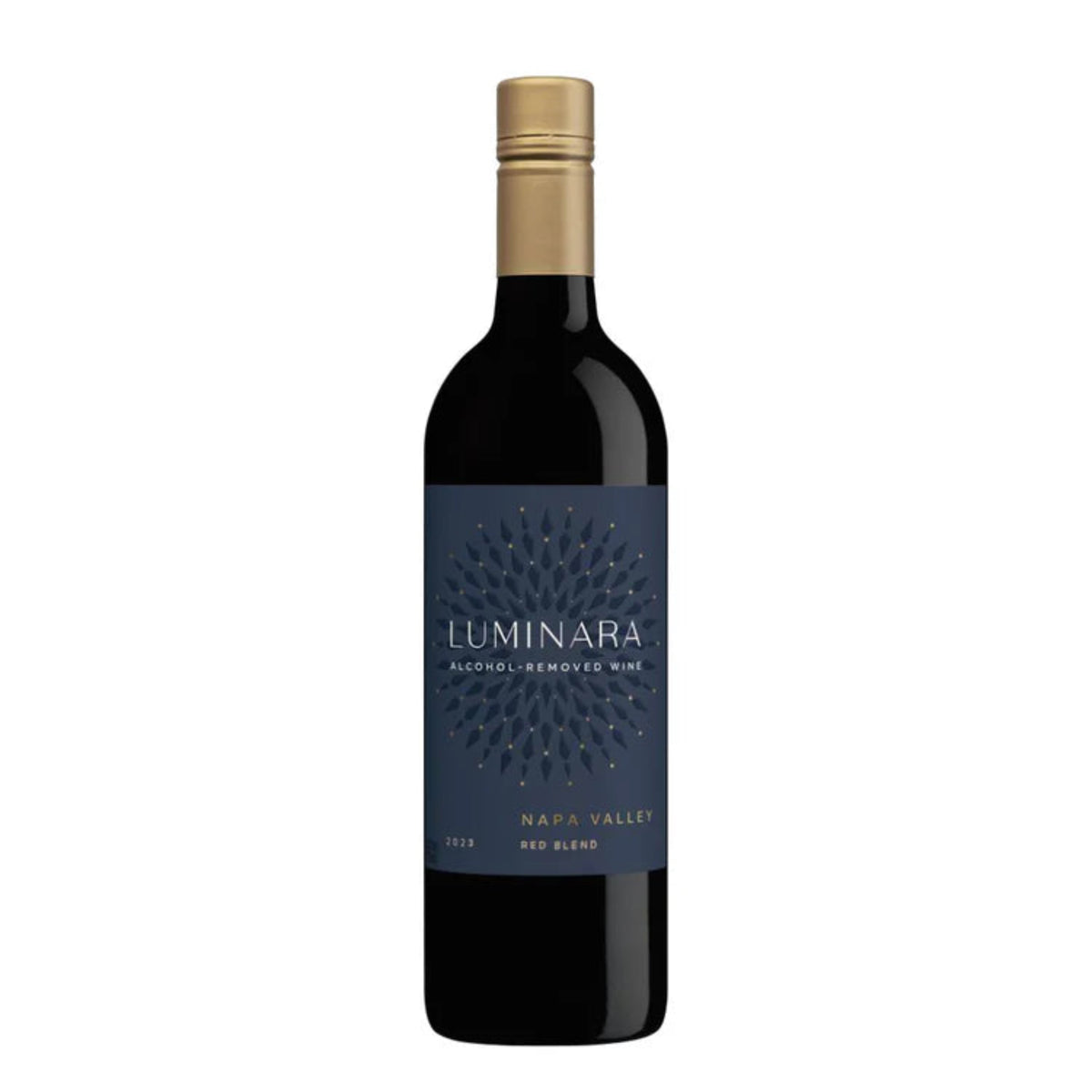 Luminara Napa Valley Red Blend Alcohol-Removed Wine bottle with a navy and gold label, featuring a modern design and gold screw cap, showcasing a premium non-alcoholic wine from Napa Valley