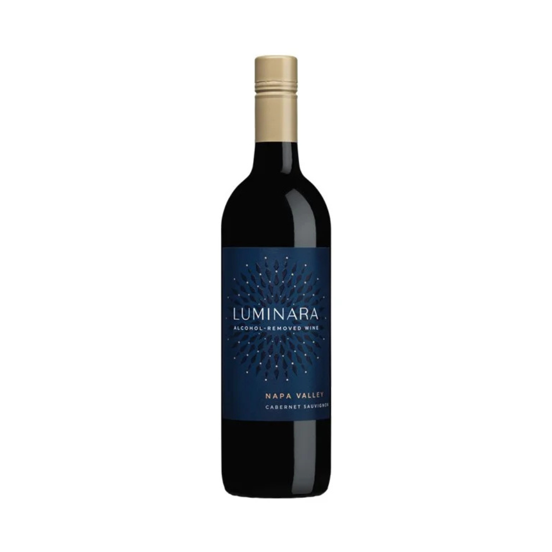 Bottle of Luminara alcohol-free wine on a white background