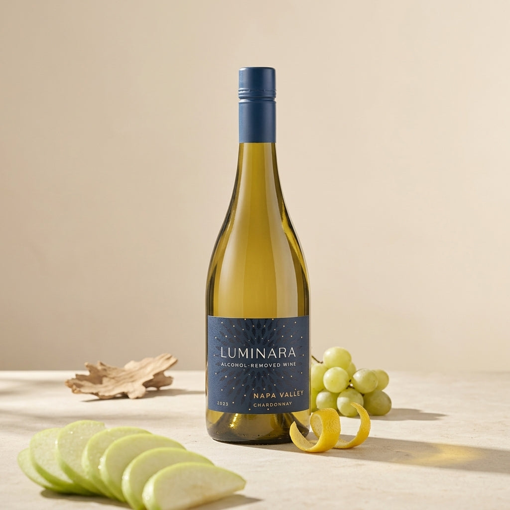 Bottle of Luminara Napa Valley Chardonnay with grapes and apple slices on a beige background