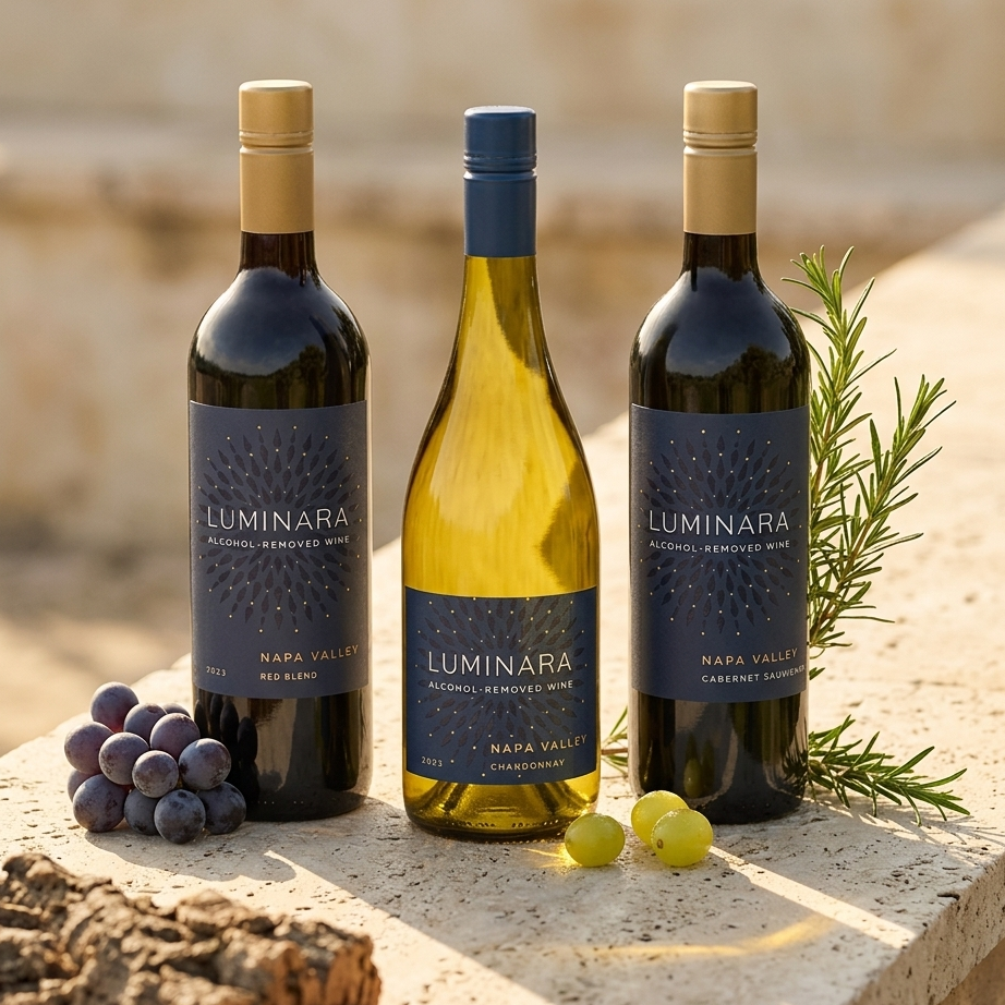 Three Luminara wine bottles arranged on a stone surface with grapes, cork, and rosemary in a warm outdoor setting. The center bottle is a pale yellow wine, while the two side bottles are dark red wine with dark blue labels.