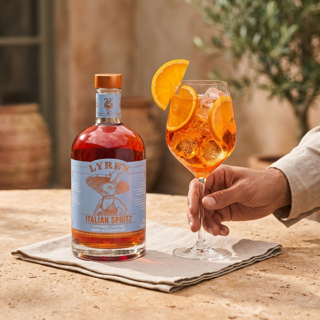 Bottle of Lyre's Italian Spritz with a glass of spritz on a natural stone surface.