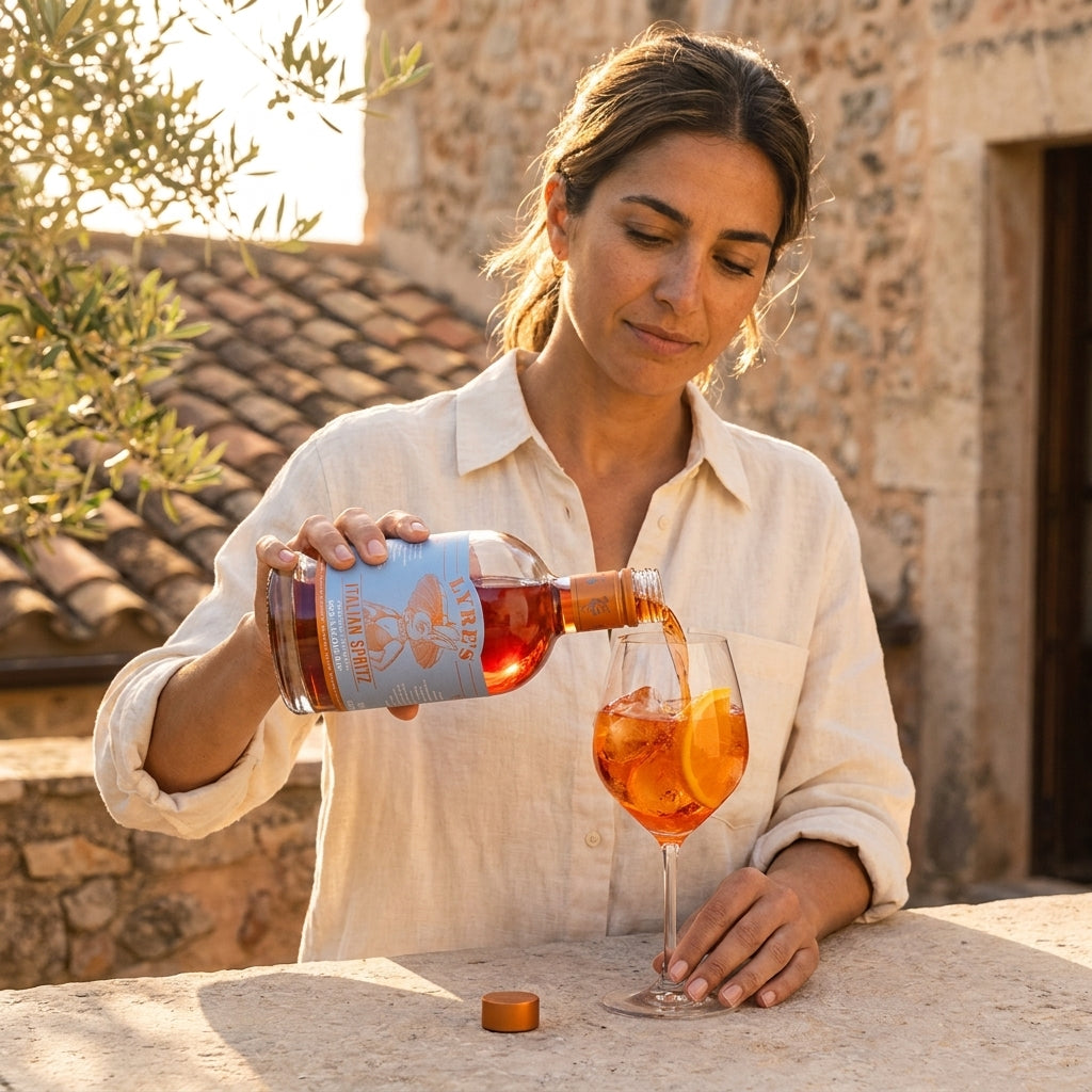 Woman pouring an orange drink from a bottle into a glass outdoors.