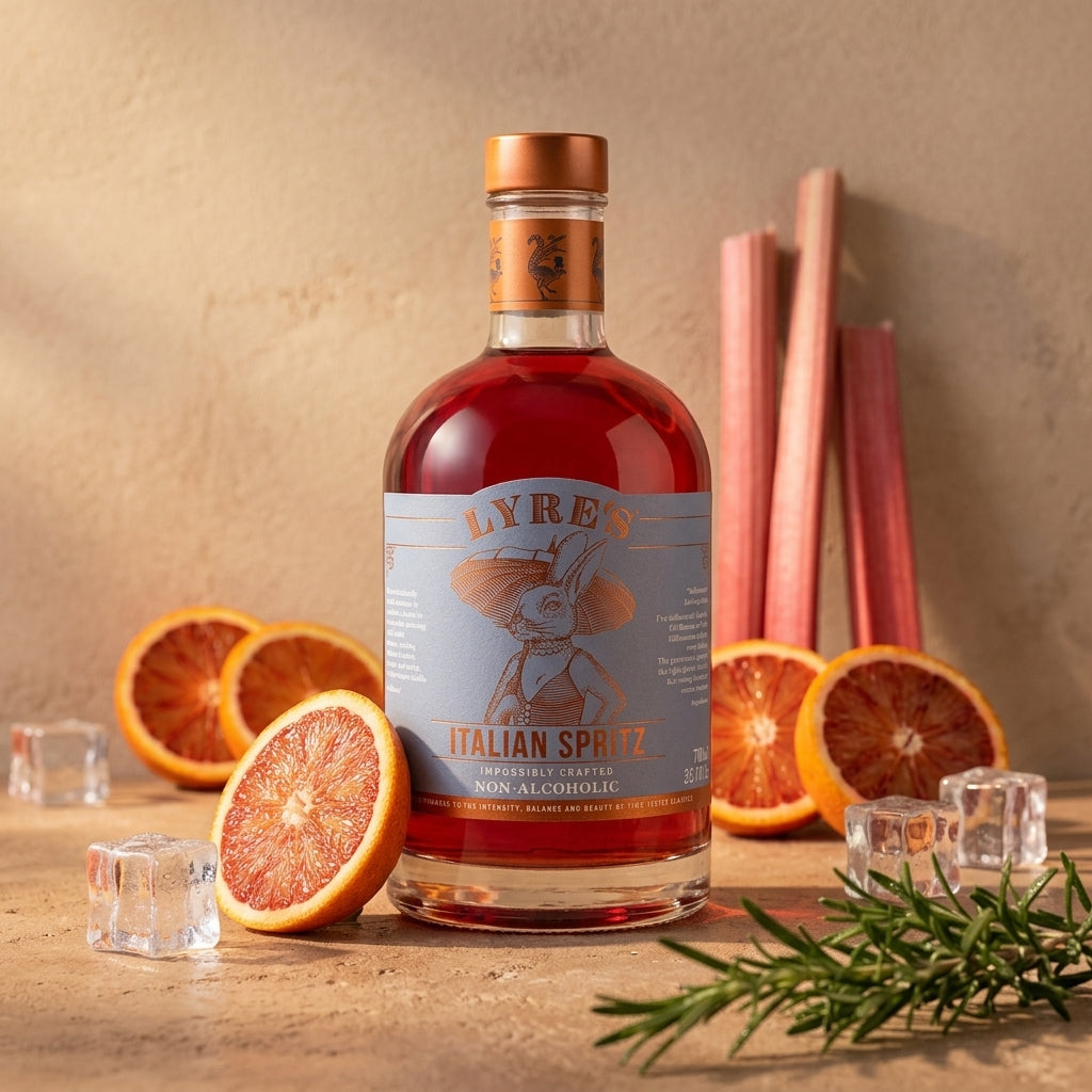Bottle of Lyre's Italian Spritz with oranges, ice cubes, and rosemary and rhubarb on a wooden surface.