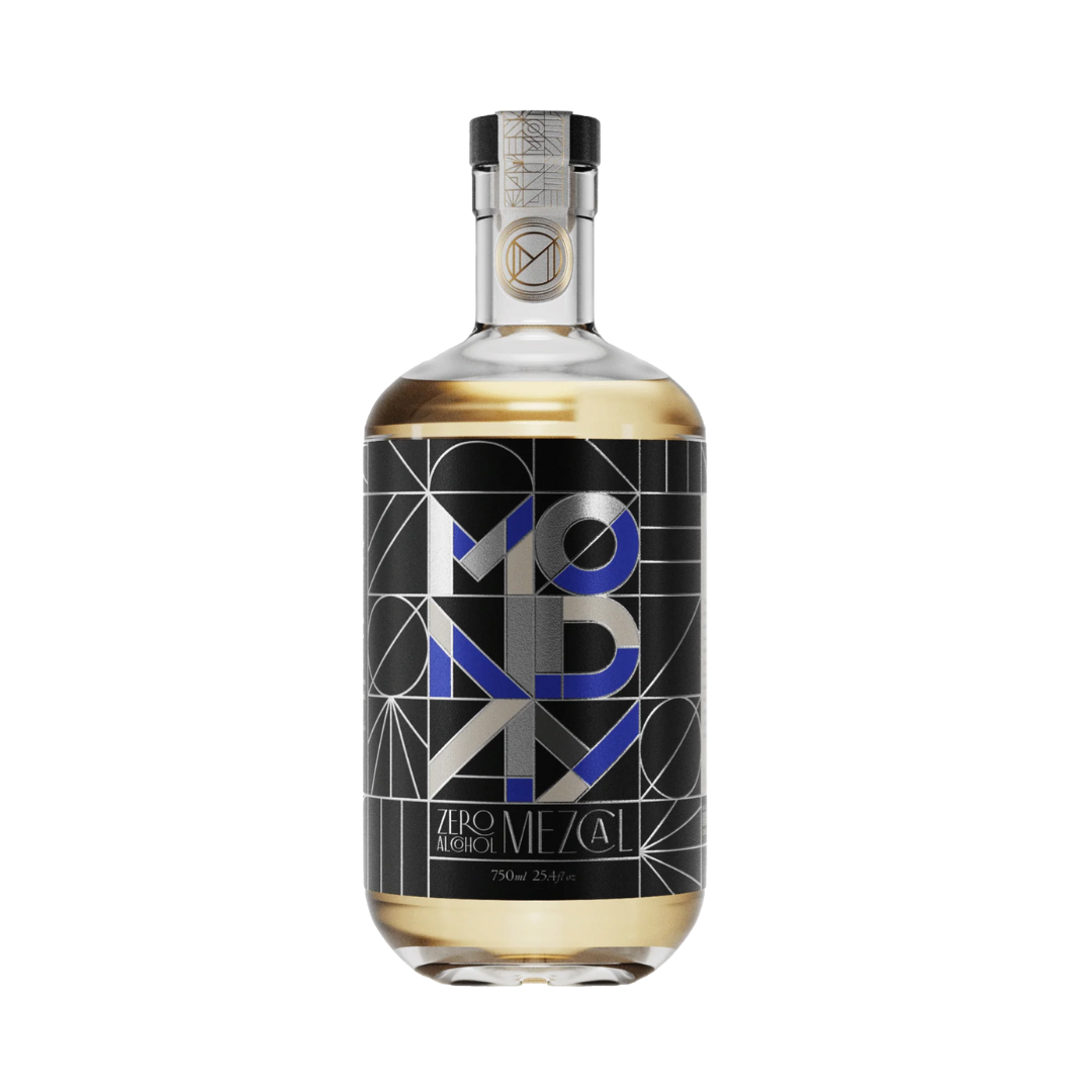 Bottle of MONDAY Zero Alcohol Mezcal with geometric black and silver label, featuring bold blue accents in art deco style displayed on a white background.