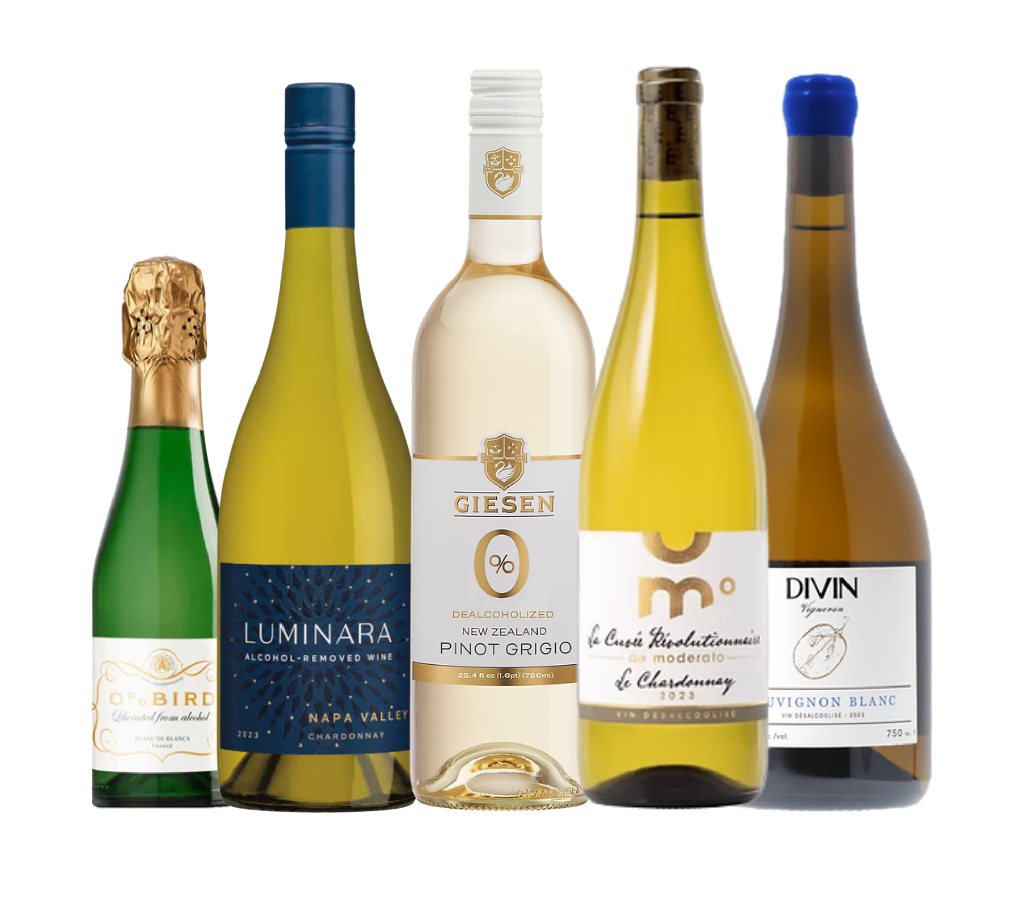 Five bottles of wine from different brands on a white background
