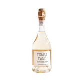 This image showcases a bottle of Prima Pavé Blanc de Blancs non-alcoholic sparkling wine. The bottle features elegant gold foil on the neck and a clean, minimalist label, emphasizing its premium and sophisticated appeal.