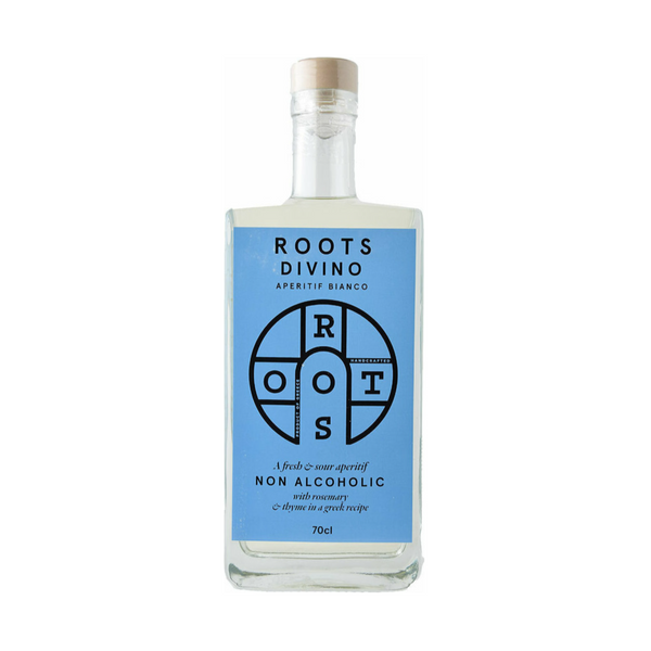 A bottle of Roots Divino Aperitif Bianco, a non-alcoholic white vermouth from Greece. The rectangular glass bottle features a light blue label with the Roots logo and text highlighting its fresh and sour flavor, infused with rosemary and thyme. The clear liquid inside reflects its crisp and herbal character.