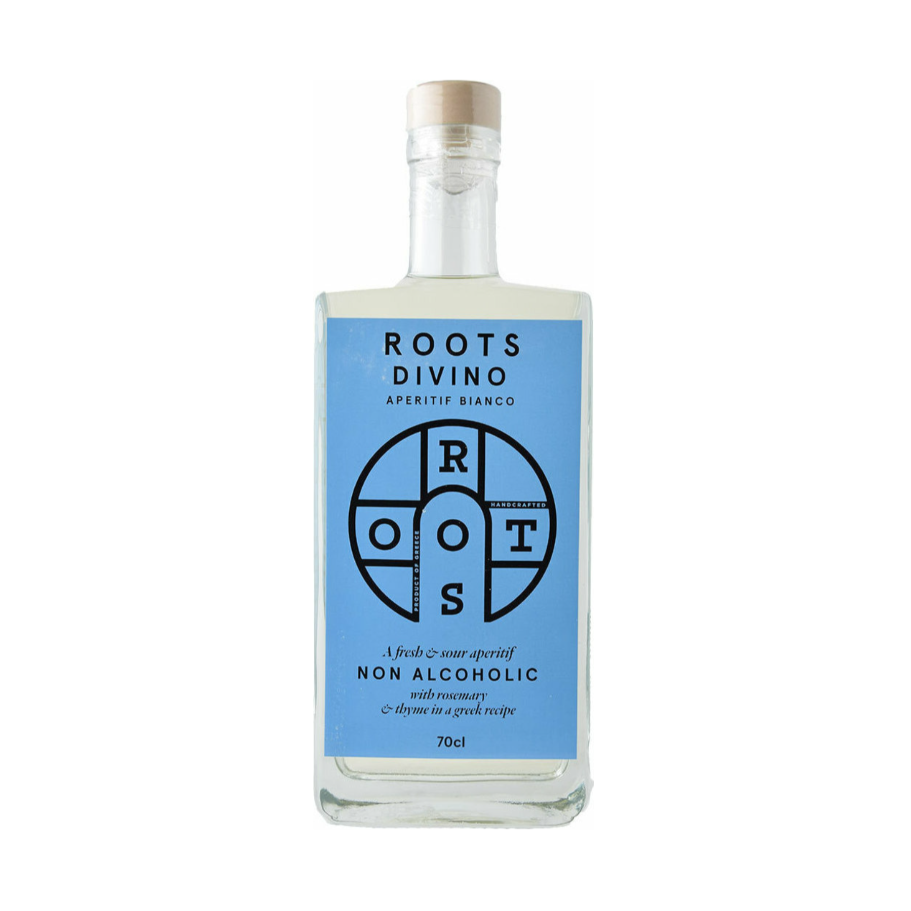 A bottle of Roots Divino Aperitif Bianco, a non-alcoholic white vermouth from Greece. The rectangular glass bottle features a light blue label with the Roots logo and text highlighting its fresh and sour flavor, infused with rosemary and thyme. The clear liquid inside reflects its crisp and herbal character.