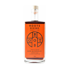 A bottle of Roots Divino Aperitif Rosso, a non-alcoholic bittersweet aperitif from Greece. The rectangular glass bottle has a bold orange label featuring the Roots logo, and text highlighting its key ingredients: bitter orange and gentian. The deep red liquid inside is visible, emphasizing its rich and complex flavor profile