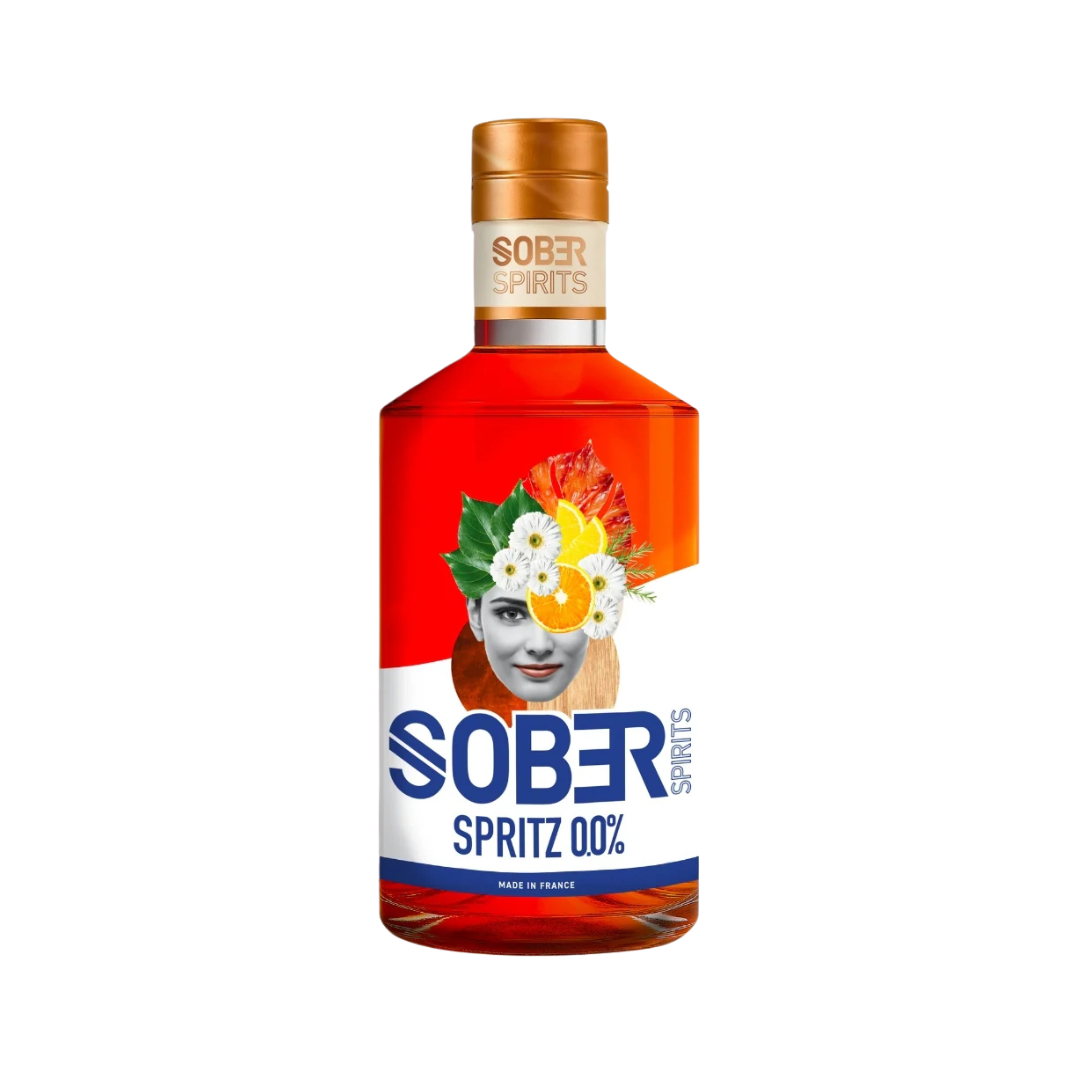 Bottle of Sober Spirits Spritz 0.0% non-alcoholic aperitivo, featuring vibrant orange liquid and a surreal label with citrus, florals, and bold typography. Alcohol-free and sugar-free.