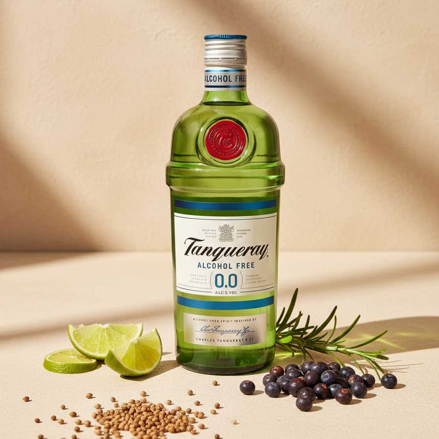 Bottle of Tanqueray Alcohol Free gin with garnishes on a beige background