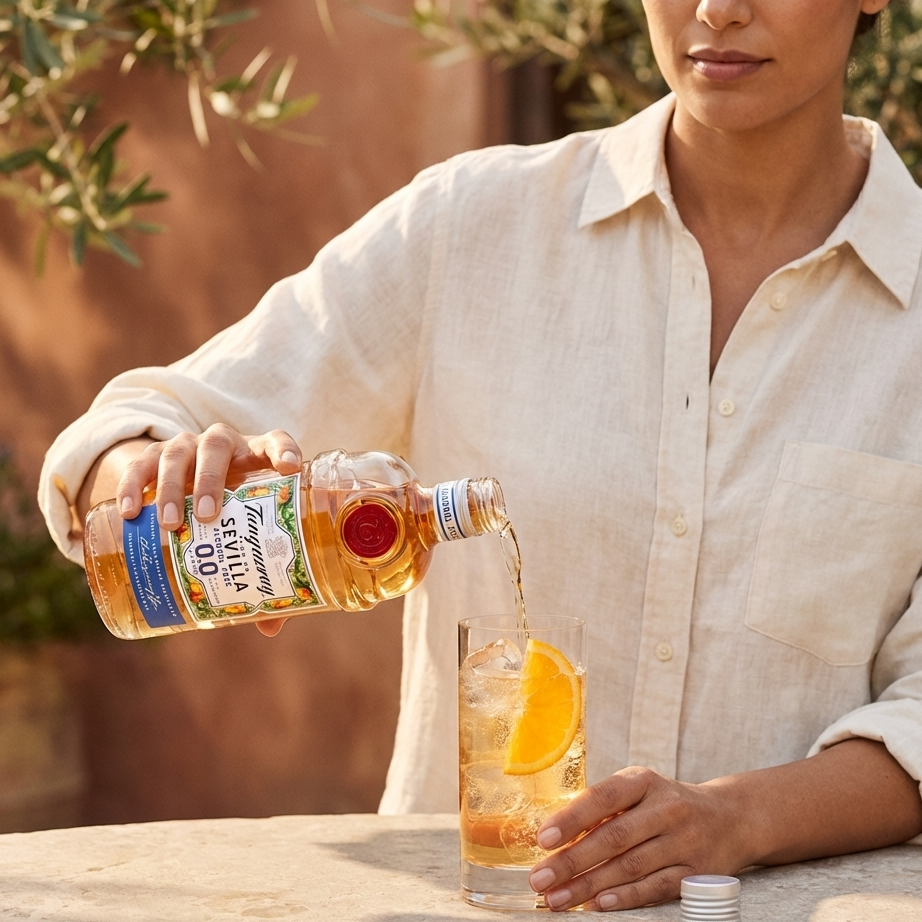 Woman pouring a bottle of Tanqueray orange gin into  a glass outdoors.