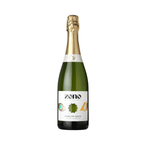 ZENO Sparkling White non-alcoholic wine bottle with gold foil top and modern white label, in a green bottle displayed on a white background