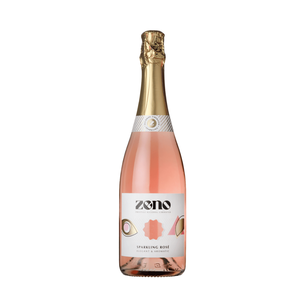 ZENO Sparkling Rosé non-alcoholic wine bottle with gold foil top and modern white and gold label, in a clear bottle displayed on a white background.