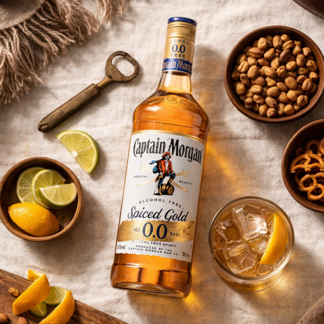Captain Morgan Spiced Gold 0.0 bottle on a table with garnishes and a glass of the drink.