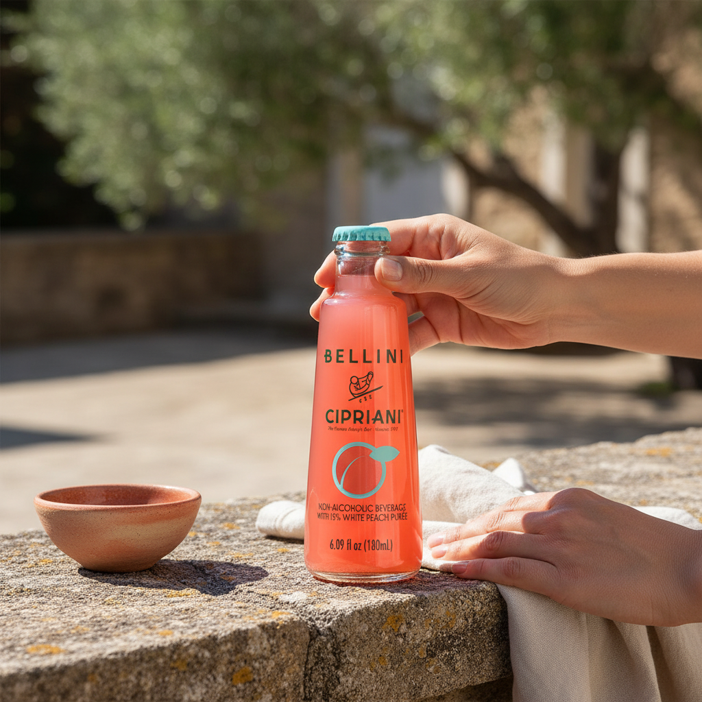 Person holding a Bellini Cipriani bottle outdoors on a stone surface with greenery in the background.